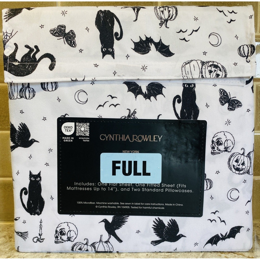 Cynthia Rowley Halloween FULL Sheet Set Black Cats Ravens Bats Pumpkins New